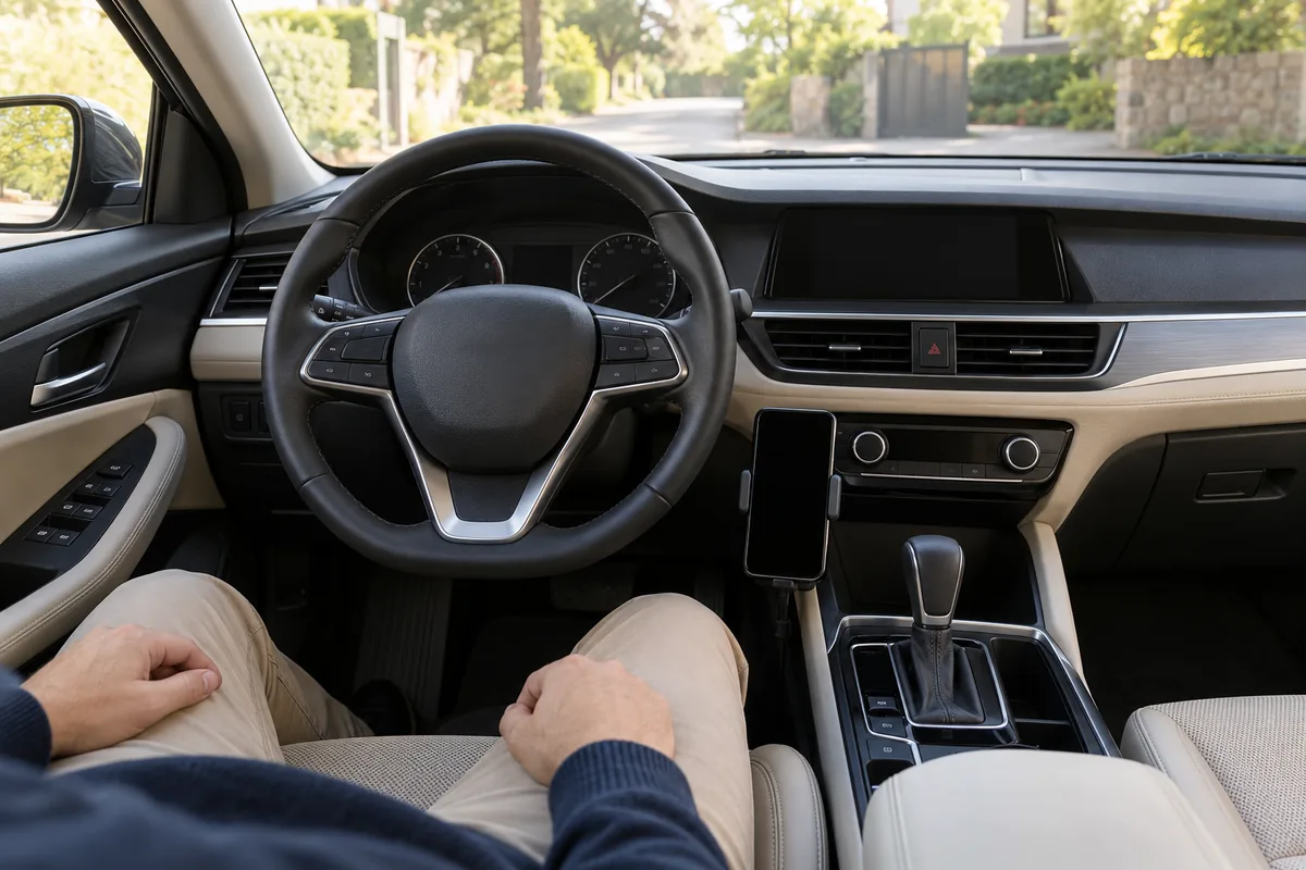 Vue depuis le siège conducteur d’une voiture à l’arrêt : téléphone éteint dans un support bas, pare-brise dégagé.