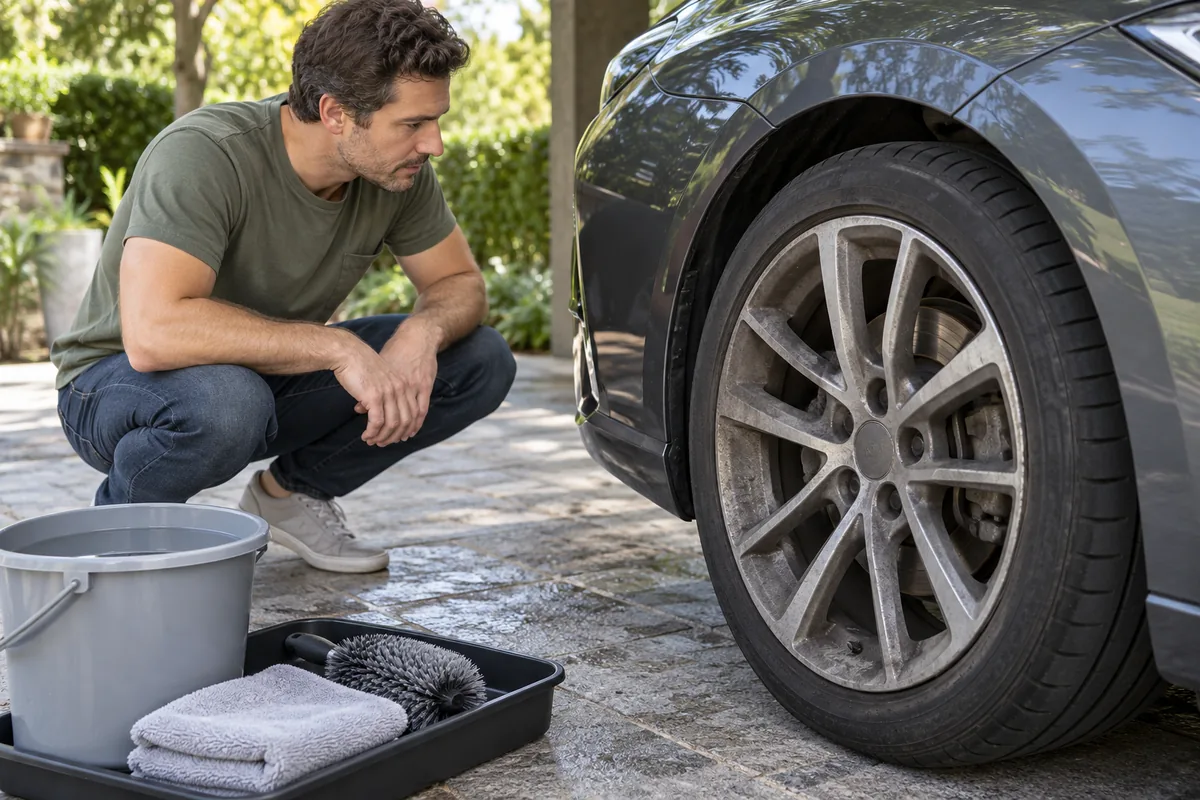 Homme accroupi observant une jante encrassée de poussière de frein avant de la nettoyer, seau, brosse et microfibre à ses pieds.