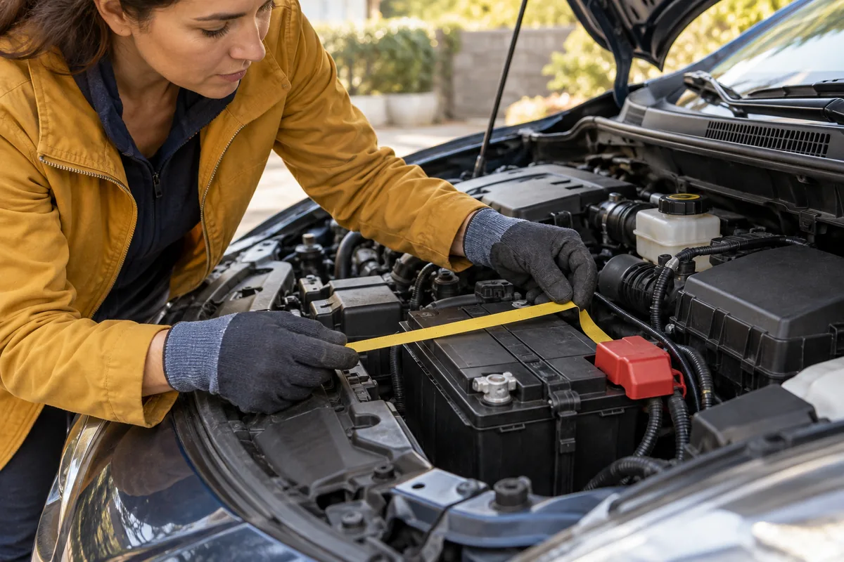 Personne gantée mesurant au ruban la batterie installée sous le capot pour relever ses dimensions et la position des bornes.