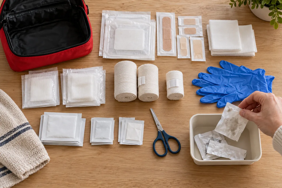 Contenu d’une trousse de secours trié par catégories sur une table ; une main écarte des sachets abîmés dans un bac.