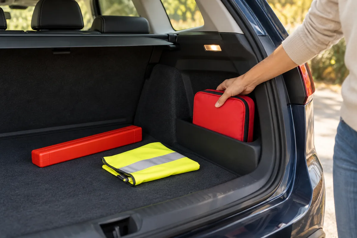 Une main range une trousse de secours rouge dans un compartiment latéral du coffre, à côté du gilet et du triangle.