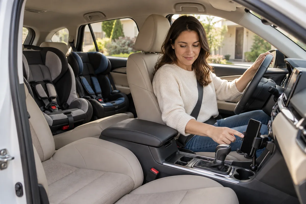 Conductrice dans une voiture à l'arrêt ajustant un support de téléphone placé bas sur la console, deux sièges enfants à l'arrière.