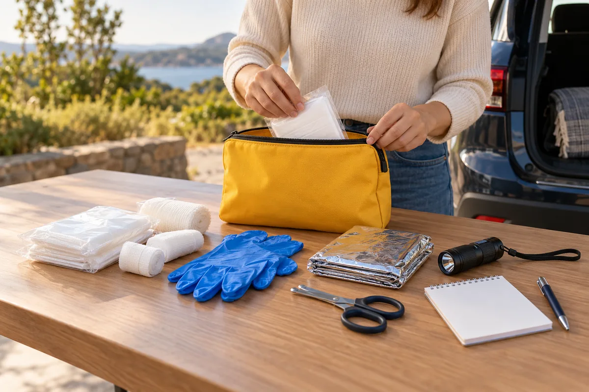 Pochette jaune garnie de compresses, entourée de bandes, gants, couverture de survie, ciseaux, lampe et carnet sur une table.