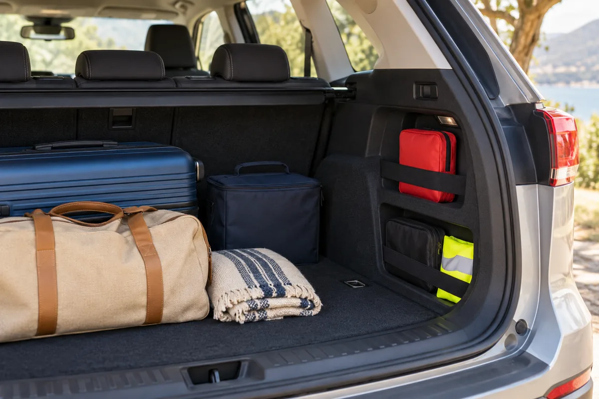 Coffre chargé de bagages, avec trousse rouge et gilet jaune rangés dans un compartiment latéral resté accessible.