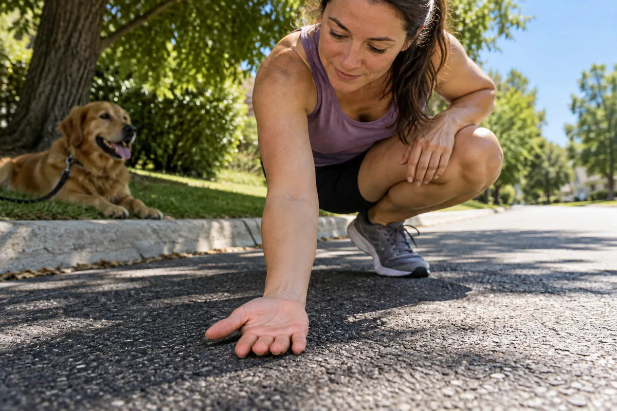 Une femme pose brièvement le dos de la main sur le bitume tandis que son chien attend à l’ombre.