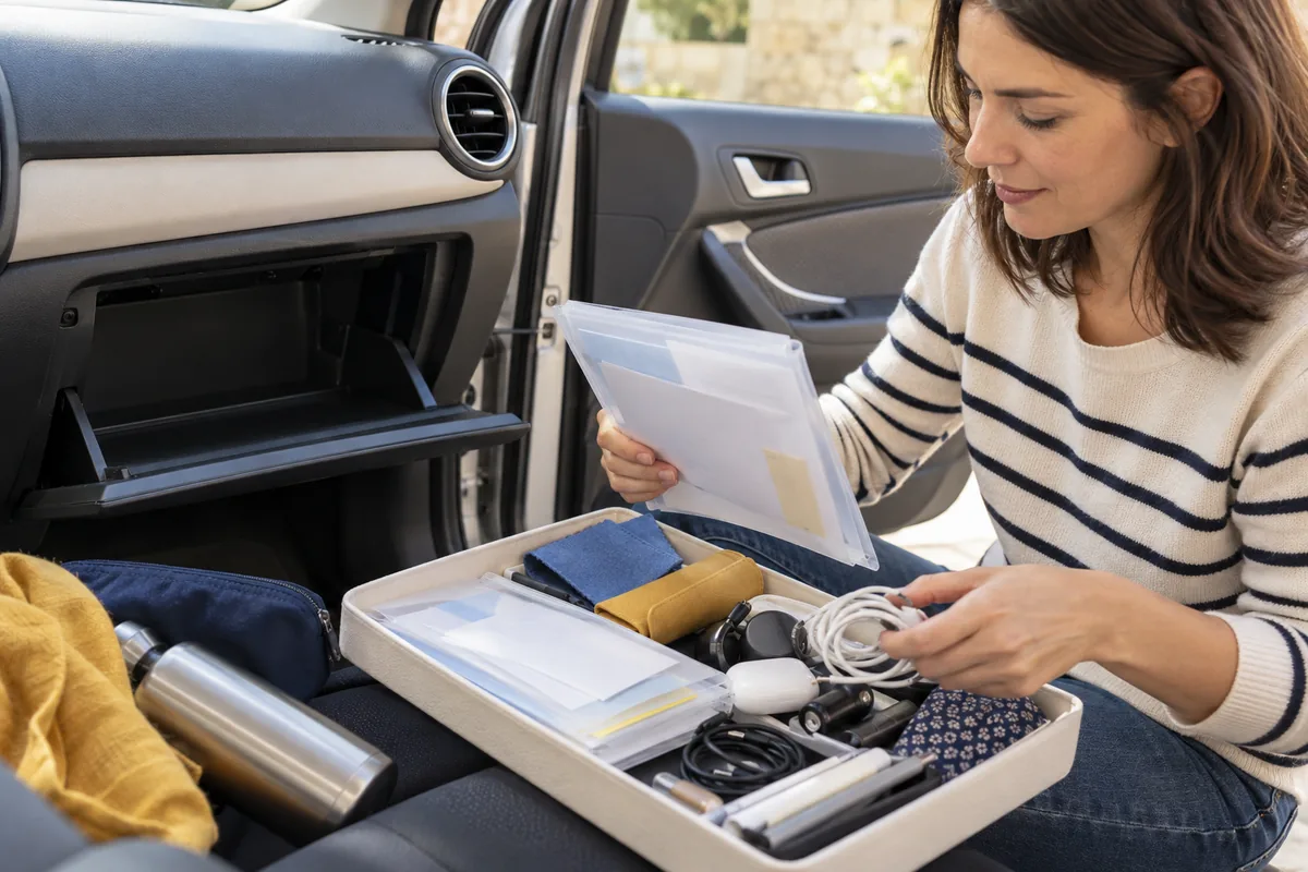 Assise dans une voiture, une femme trie dans un plateau le contenu de la boîte à gants, restée ouverte et vide.