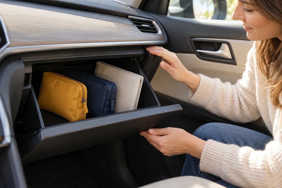 Une femme ouvre une boîte à gants où trois pochettes souples et plates sont rangées côte à côte.