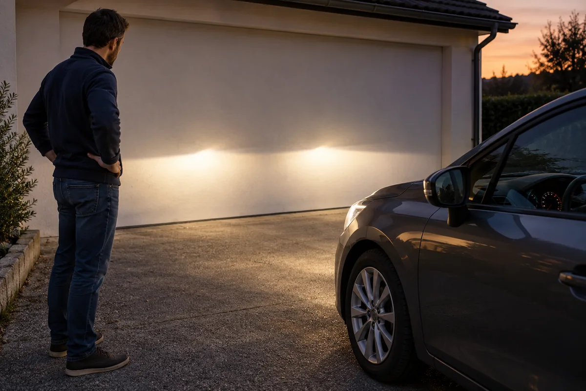 Homme debout à côté d'une voiture au crépuscule, observant les deux faisceaux de ses phares projetés sur une porte de garage.