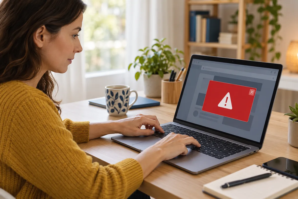 Femme observant sur son ordinateur portable une fenêtre d'alerte rouge avec un triangle d'avertissement.