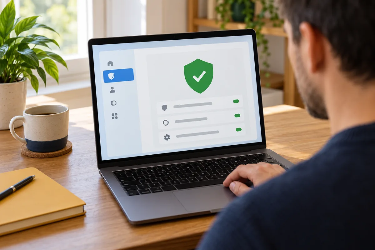 Écran d'ordinateur portable affichant un panneau de sécurité avec bouclier vert coché et options de protection activées.