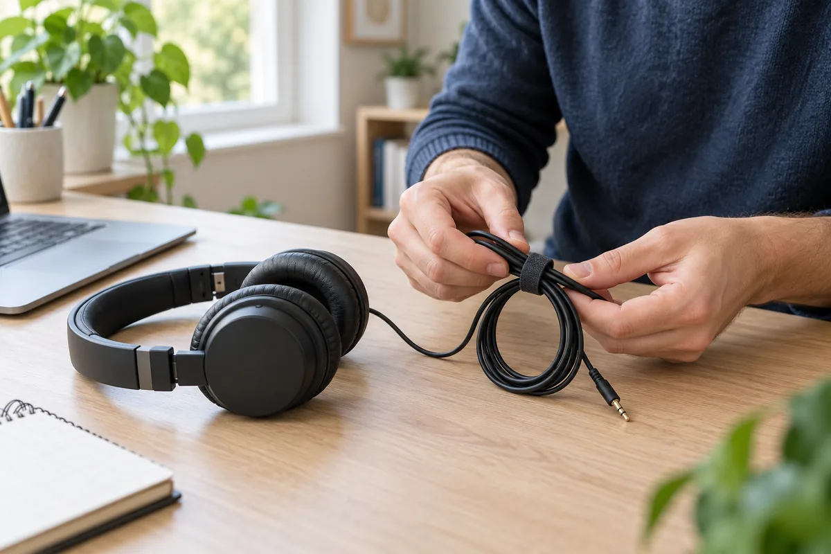 Des mains maintiennent en boucles le câble d’un casque audio avec une attache textile, le casque posé sur le bureau.