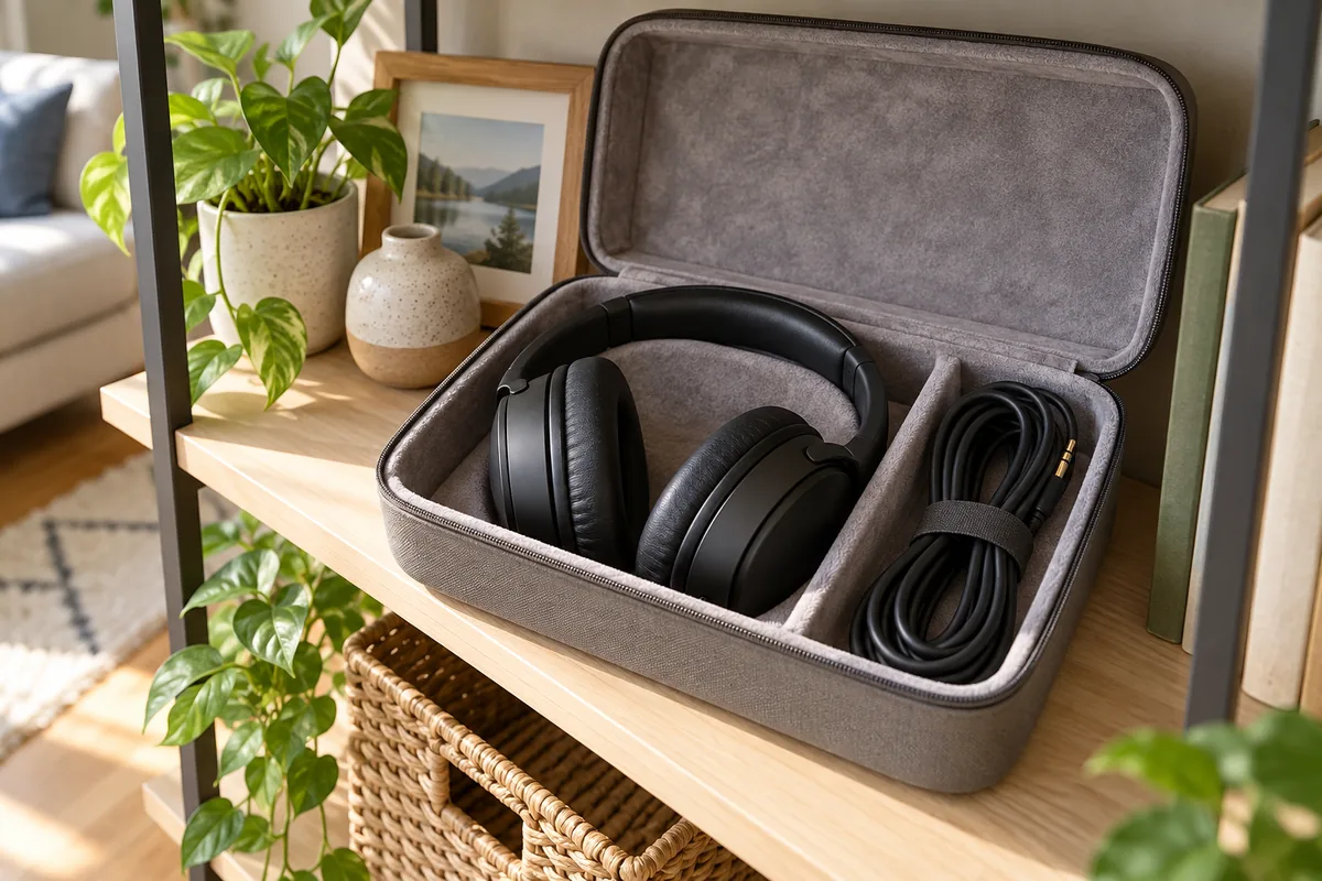 Un casque audio repose sans compression dans une boîte rembourrée ouverte, le câble enroulé dans un compartiment voisin.