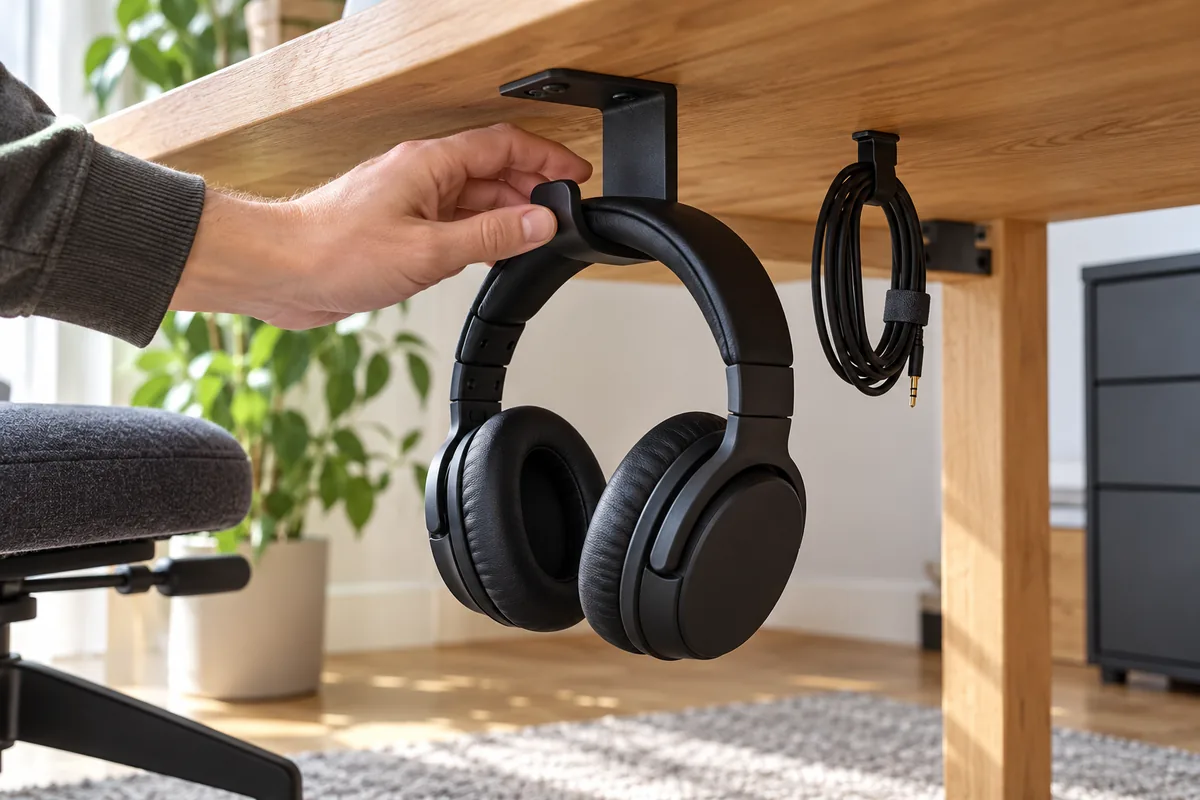 Une main vérifie un support fixé sous un bureau où pend un casque audio, le câble enroulé accroché à part.