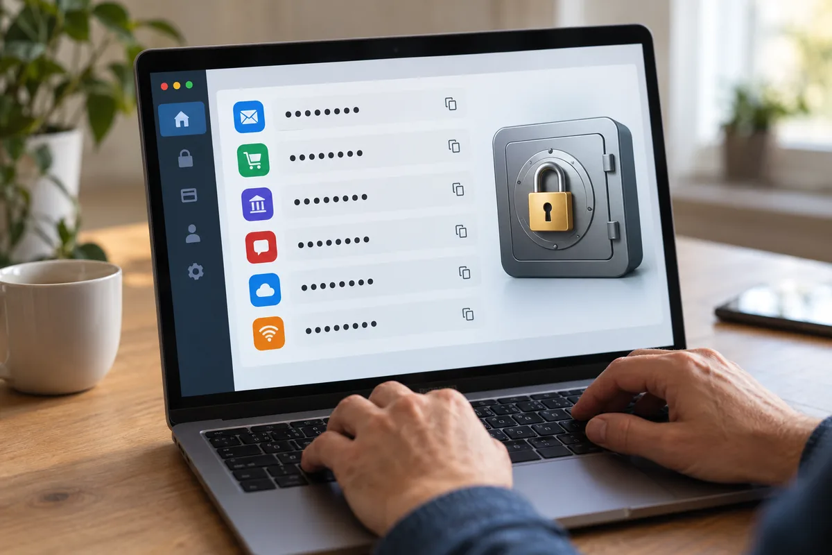 Écran d'ordinateur montrant un gestionnaire de mots de passe générique : six comptes aux codes masqués et un coffre-fort verrouillé.