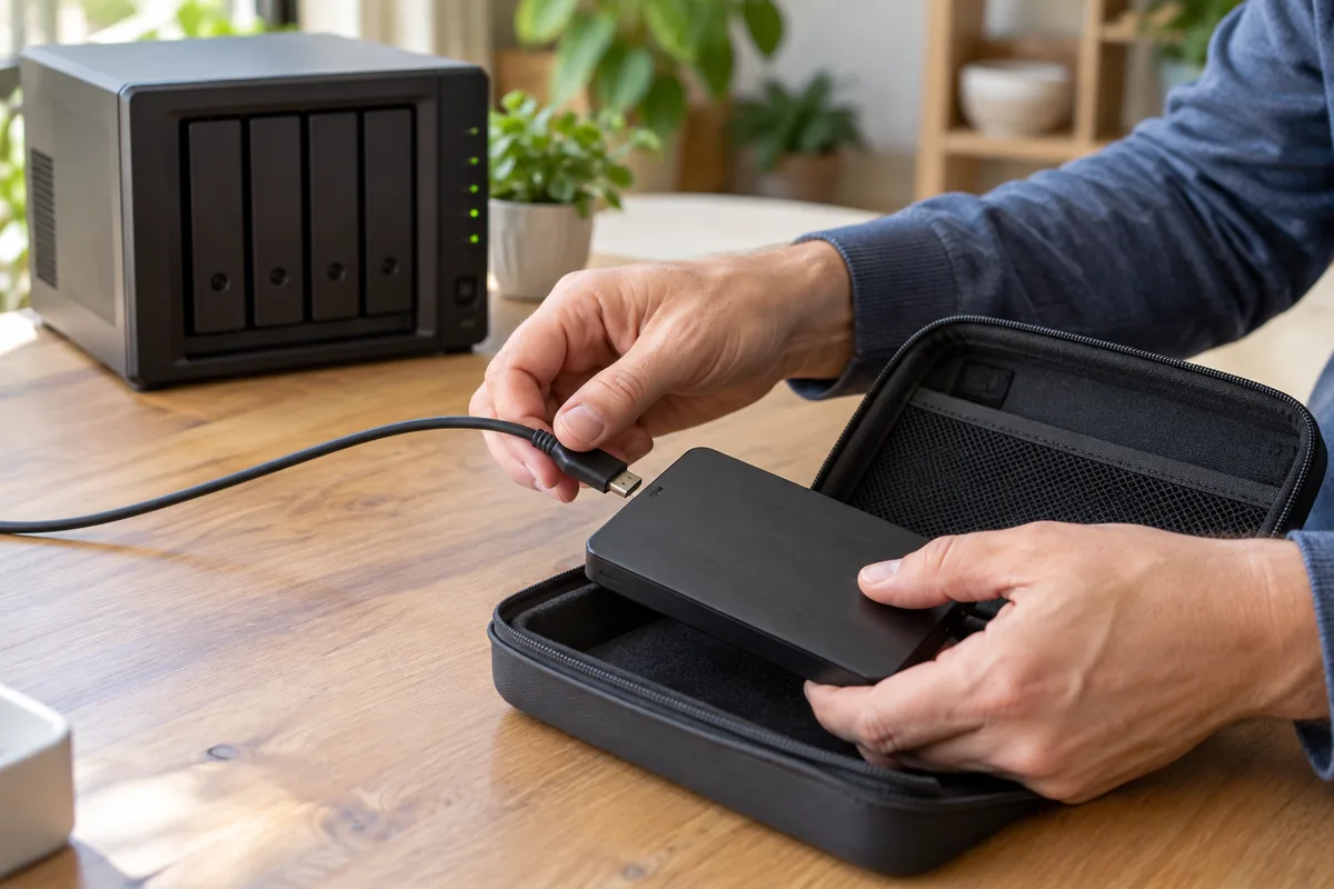 Mains débranchant un disque externe en tenant le connecteur avant de le ranger dans une housse, NAS allumé en arrière-plan.
