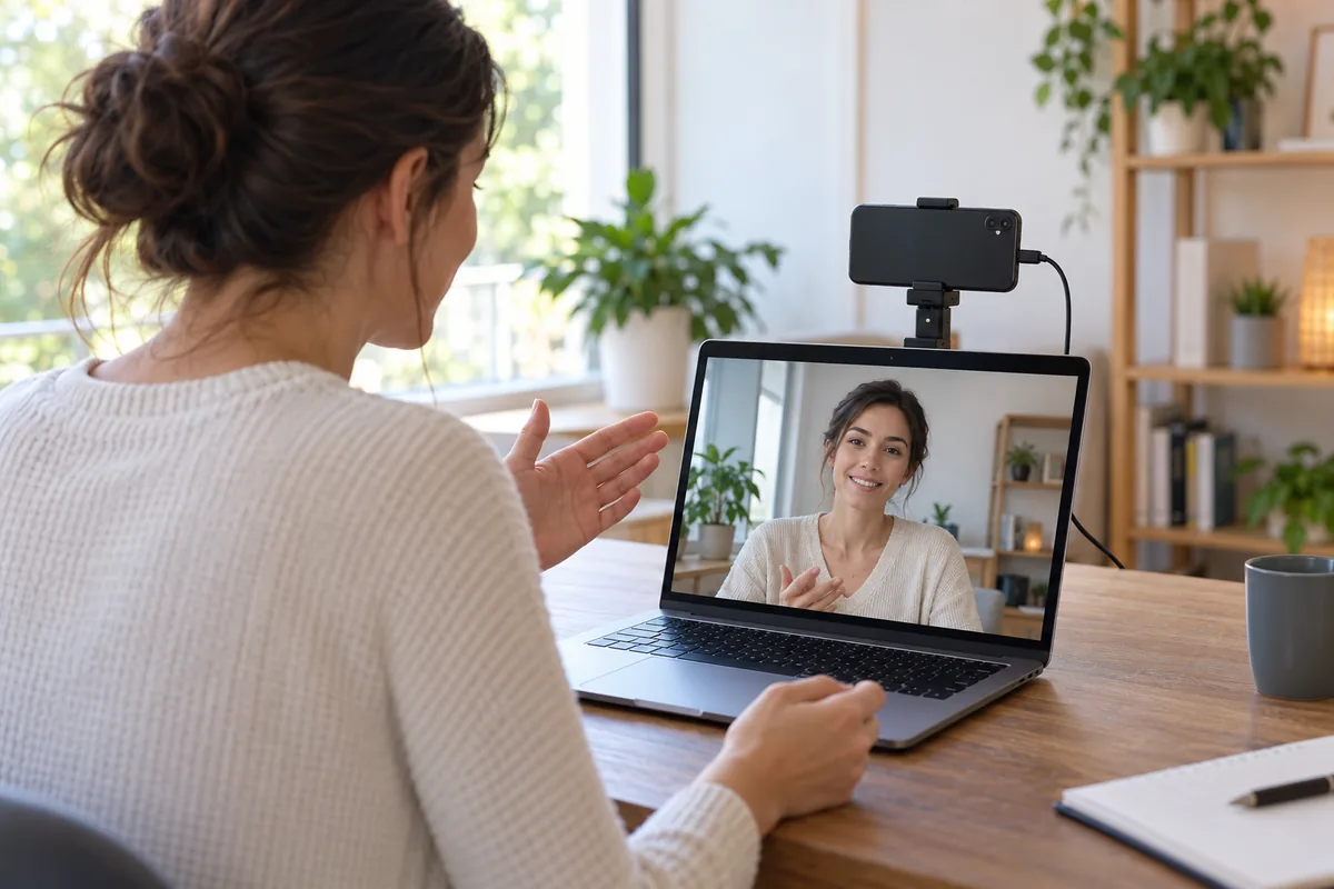 Un smartphone fixé horizontalement au-dessus de l’écran d’un ordinateur sert de caméra pendant une visioconférence.