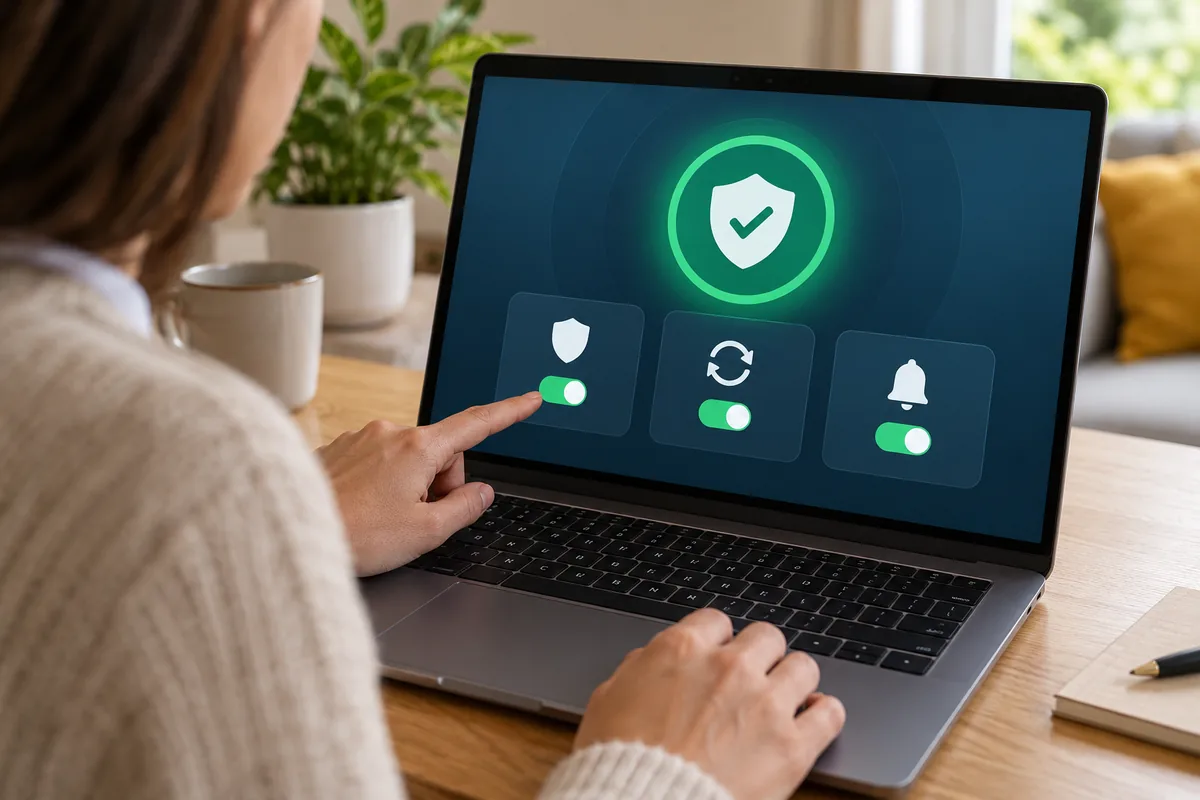 Une main désigne sur l'écran d'un portable trois interrupteurs activés : protection, mises à jour et alertes, sous un bouclier vert.