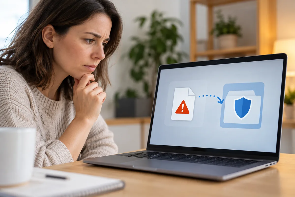 Une femme hésite devant un portable où un fichier signalé par un triangle d'alerte est déplacé vers un dossier protégé par un bouclier.