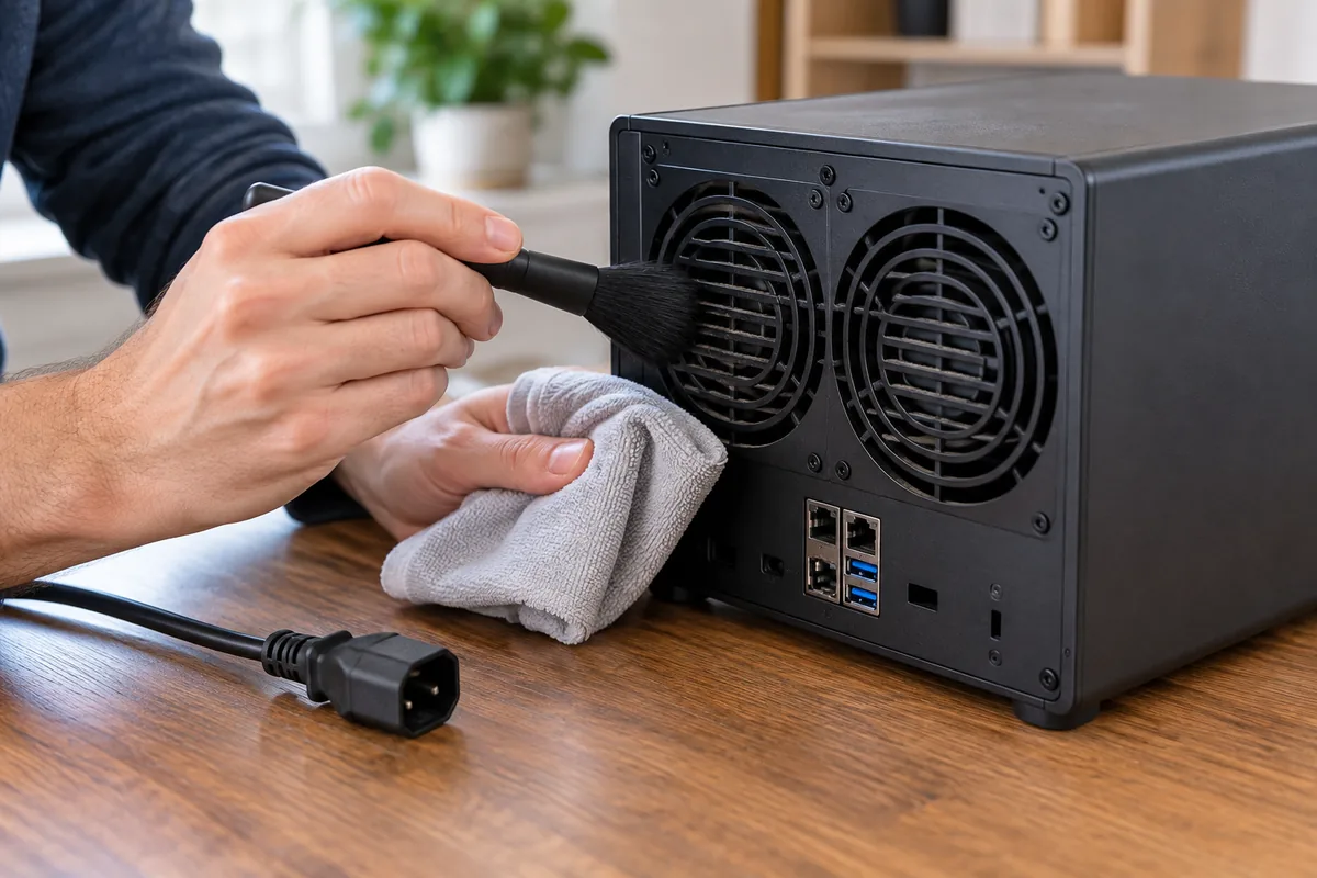 Dépoussiérage des grilles de ventilation arrière d'un NAS avec une brosse souple et un chiffon sec, cordon d'alimentation débranché.
