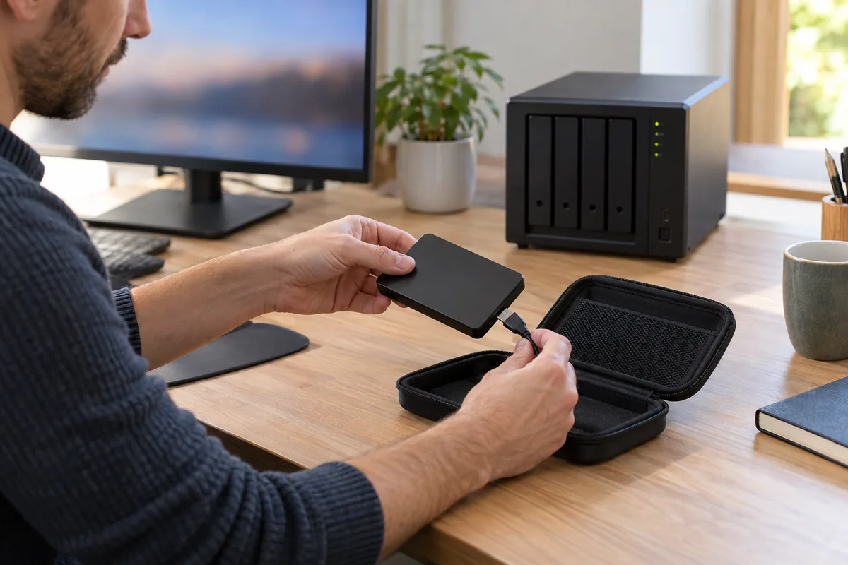 Un homme débranche un disque dur externe et le range dans un étui rigide, un NAS à quatre baies posé en arrière-plan sur le bureau.