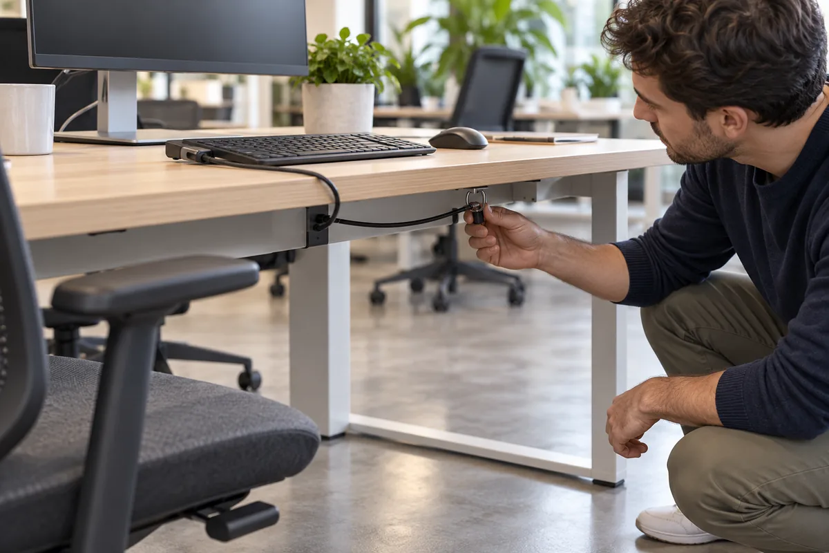 Homme accroupi sous un bureau de bureau partagé, attachant au pied du plateau le câble de sécurité relié au clavier.