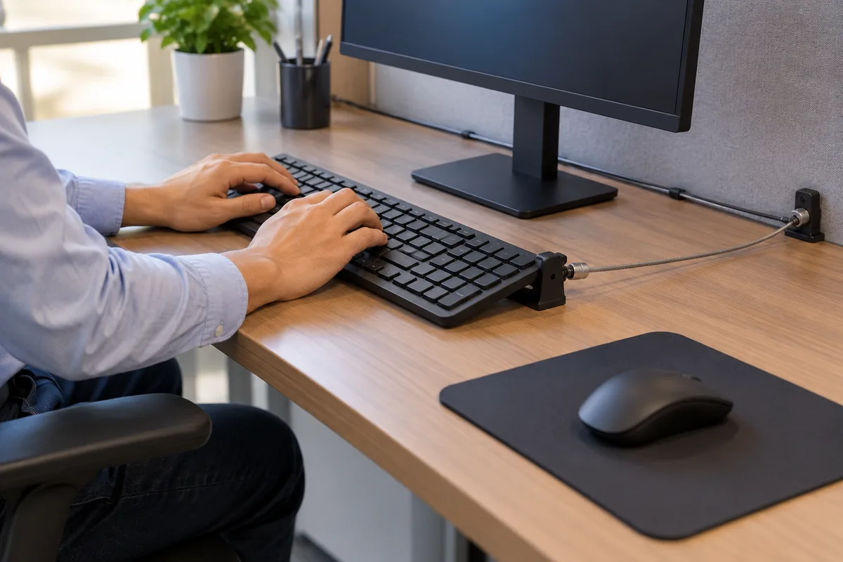 Mains tapant sur un clavier noir retenu par un support latéral et un câble de sécurité fixé au bord du bureau.