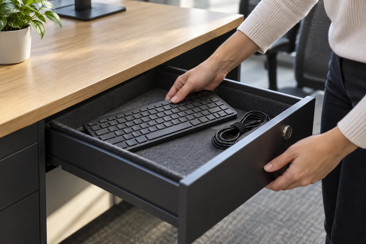 Clavier sans fil et câble enroulé rangés dans un tiroir de bureau garni de feutre, muni d'une serrure.