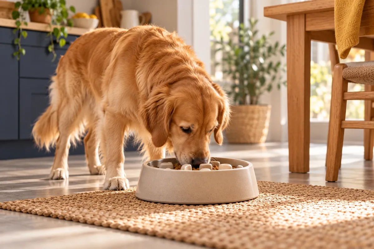 Golden retriever mangeant dans une gamelle ronde à reliefs, posée sur un tapis dans une cuisine ensoleillée