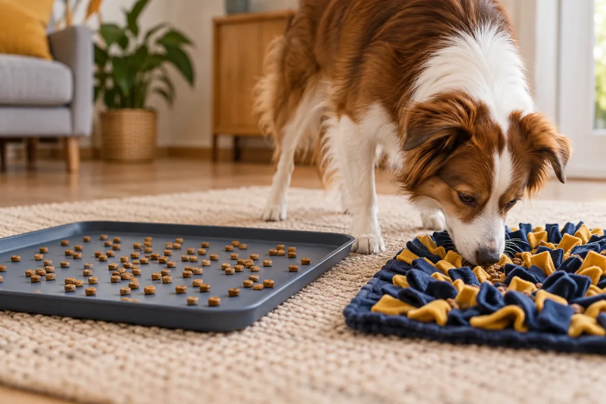 Croquettes étalées sur un plateau large pour ralentir le repas d'un chien