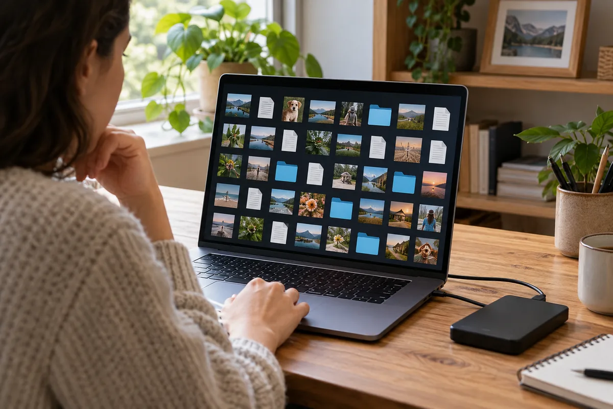 Personne devant un ordinateur portable affichant de nombreuses photos, documents et dossiers, un disque externe posé à côté.
