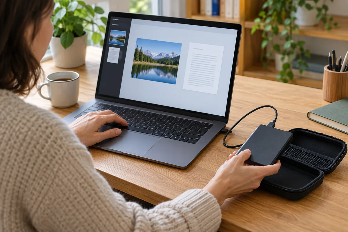 Personne ouvrant une photo et un document sur son ordinateur tout en rangeant un disque externe dans son étui de protection.