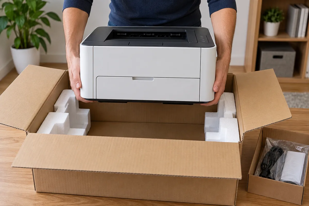 Imprimante soulevée à deux mains par ses côtés au-dessus d'un carton garni de calages, accessoires dans une petite boîte.
