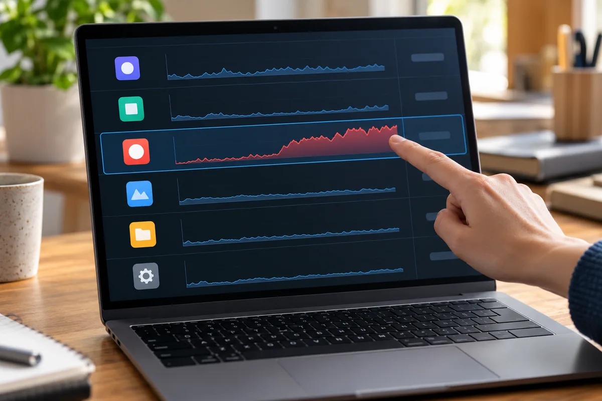 Un doigt désigne sur l'écran d'un portable l'application dont la courbe d'activité rouge monte bien plus haut que les autres.