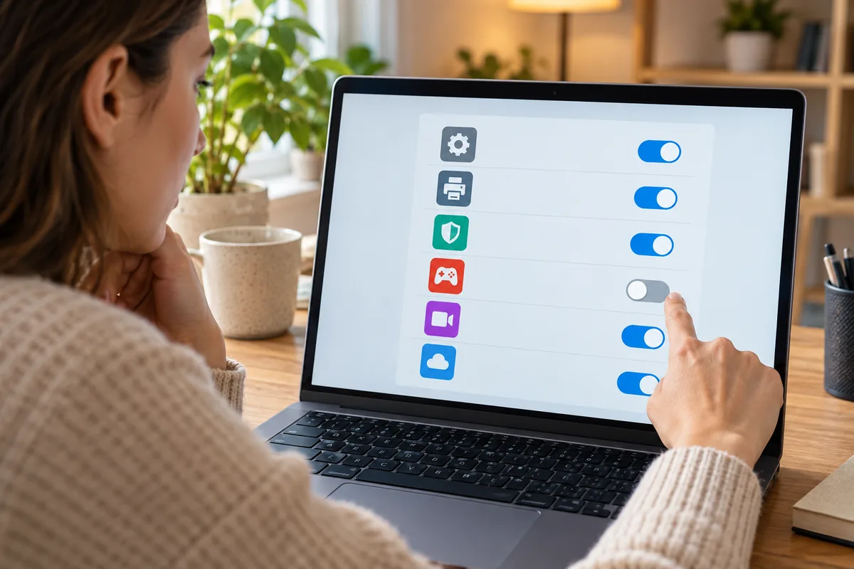 Une femme désactive une application de jeu dans la liste de démarrage, en laissant activés système, imprimante et sécurité.