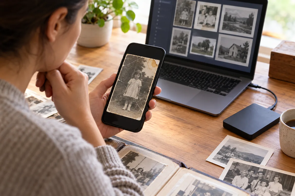 Une femme examine sur son smartphone une photo ancienne tachée et rayée, entourée de tirages papier, d'un ordinateur et d'un disque externe.