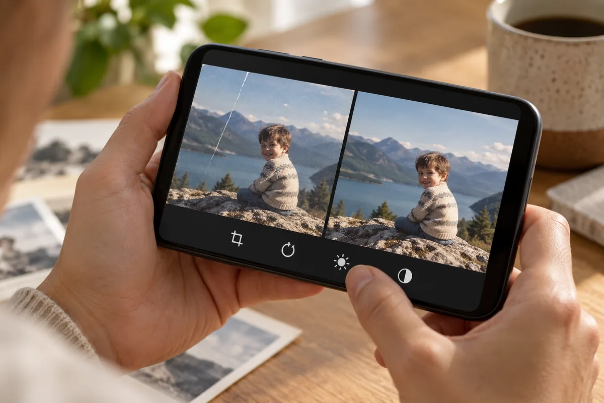 Un smartphone compare une photo rayée et sa copie retouchée, avec les outils de recadrage, rotation, luminosité et contraste en bas d'écran.
