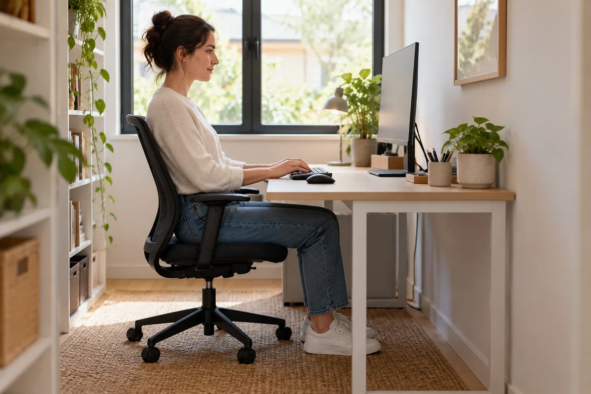 Femme assise de profil à un bureau étroit contre le mur, clavier centré devant l'écran et souris juste à côté.
