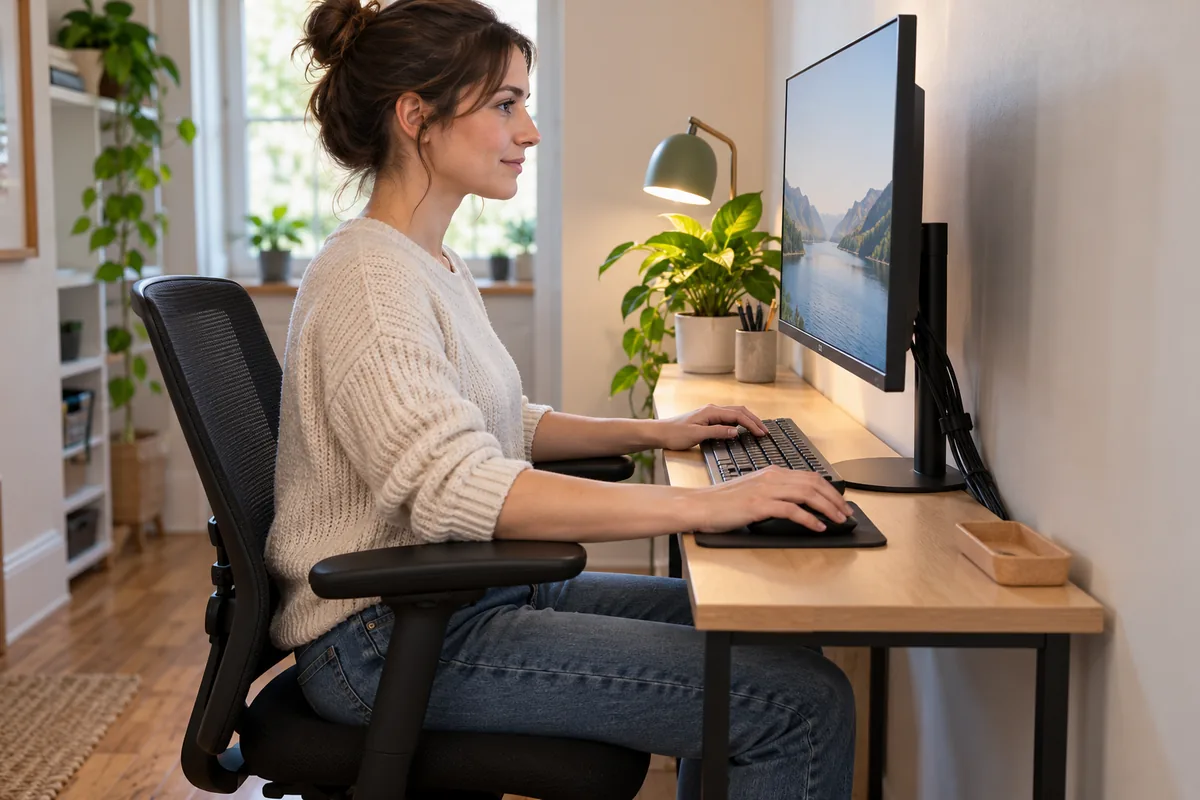 Femme tapant au clavier sur un petit bureau, souris toute proche, épaules relâchées et câbles regroupés derrière l'écran.