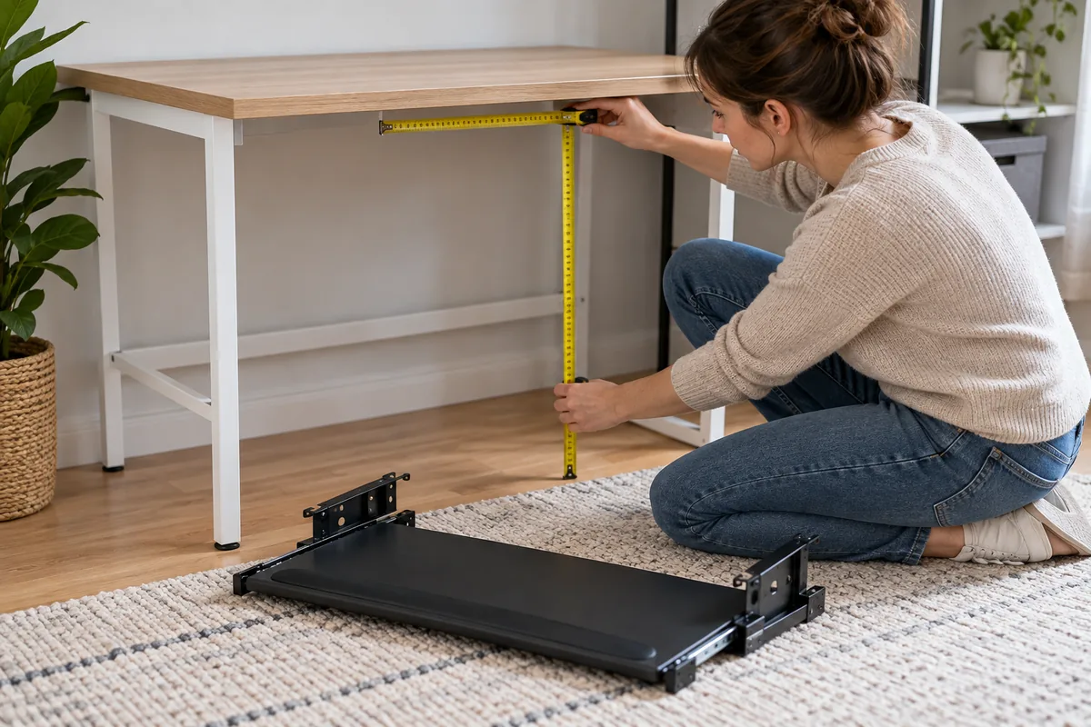Femme agenouillée mesurant au mètre ruban la hauteur libre sous un bureau, un plateau coulissant posé au sol.