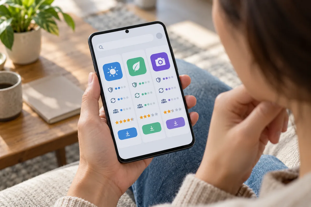 Smartphone affichant trois applications comparées côte à côte par des pictogrammes de sécurité, de mises à jour et d'avis.