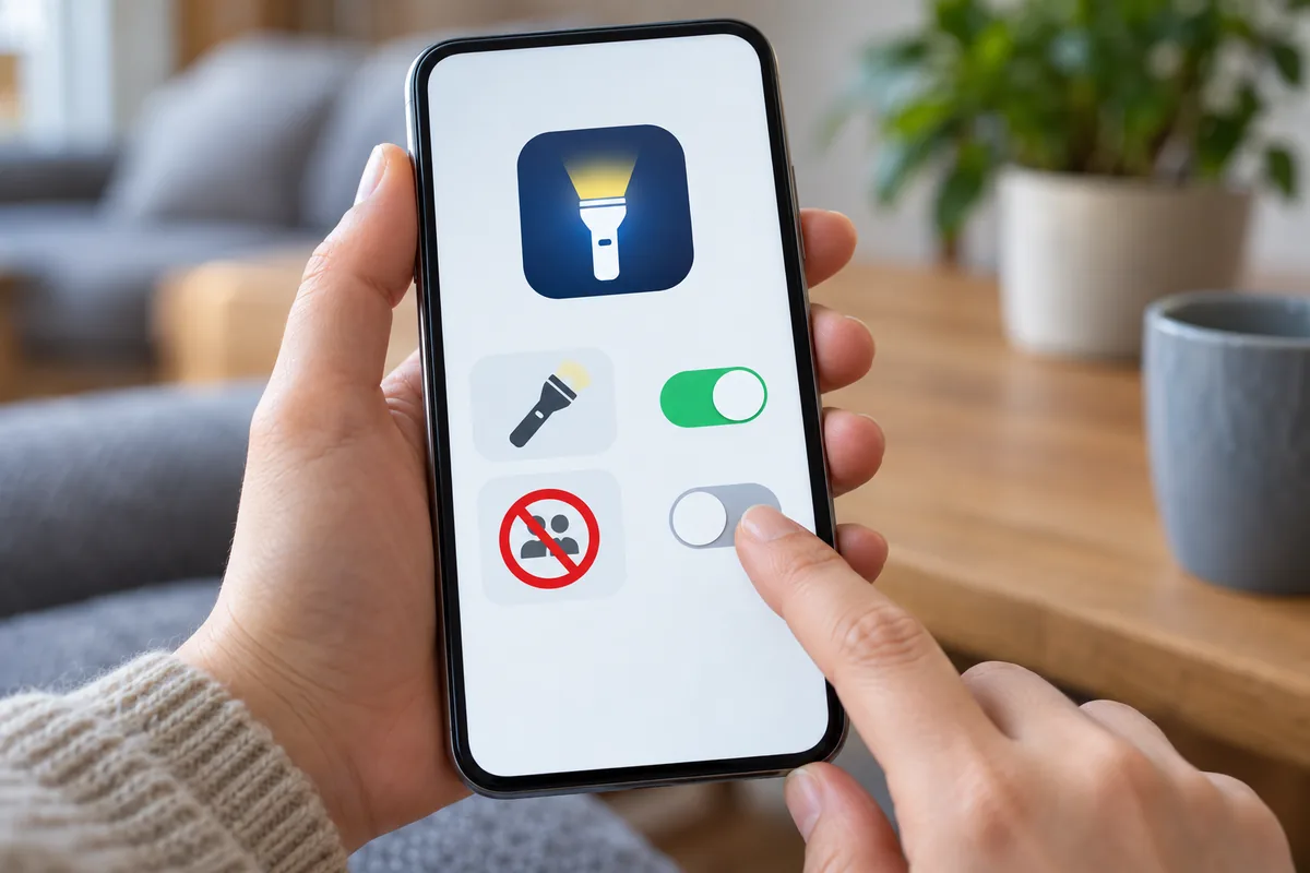 Doigt désactivant l'accès aux contacts d'une application de lampe de poche, seul l'accès à la lampe restant activé.