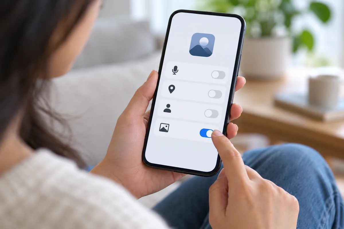 Réglages d'une application sur smartphone : micro, localisation et contacts désactivés, seul l'accès aux photos reste actif.