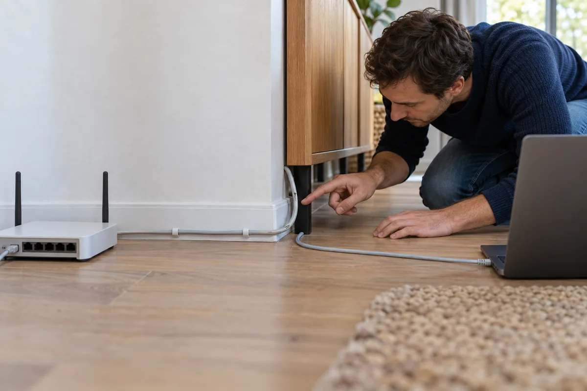 Homme accroupi suivant du doigt un câble réseau qui longe la plinthe et contourne un pied de meuble jusqu'à un portable.