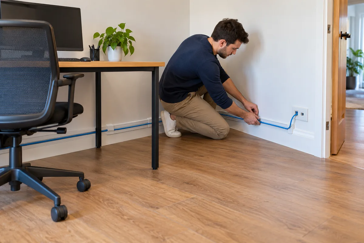 Homme fixant un câble réseau bleu le long de la plinthe avec des attaches, à distance des roulettes du fauteuil de bureau.