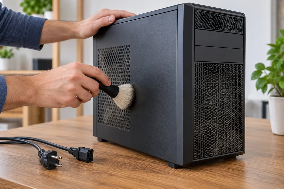 Une main passe une brosse sèche sur la grille d'aération d'une tour de PC, son cordon d'alimentation débranché posé sur la table.