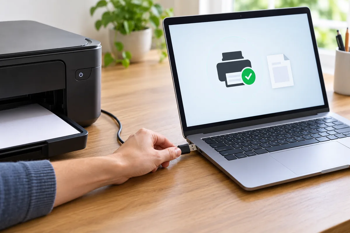 Une main branche le câble USB de l'imprimante sur un ordinateur portable, dont l'écran affiche un pictogramme d'imprimante reconnue.