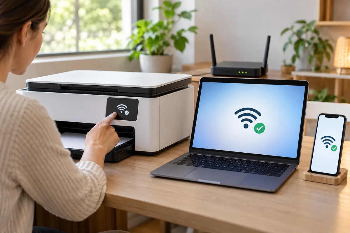 Une femme active le Wi-Fi sur le panneau d'une imprimante ; l'ordinateur et le téléphone affichent une connexion validée, routeur à côté.