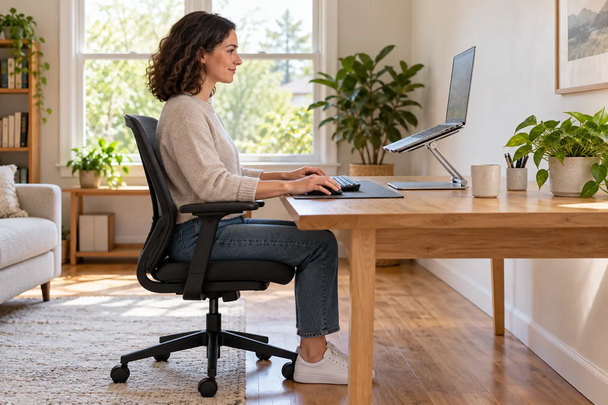 Femme assise droite à un bureau, ordinateur portable surélevé sur un support, clavier et souris séparés devant elle.