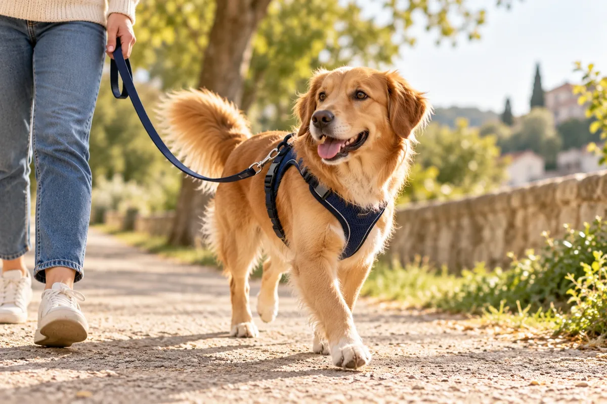 Chien en promenade calme avec un harnais bien ajusté et une laisse détendue