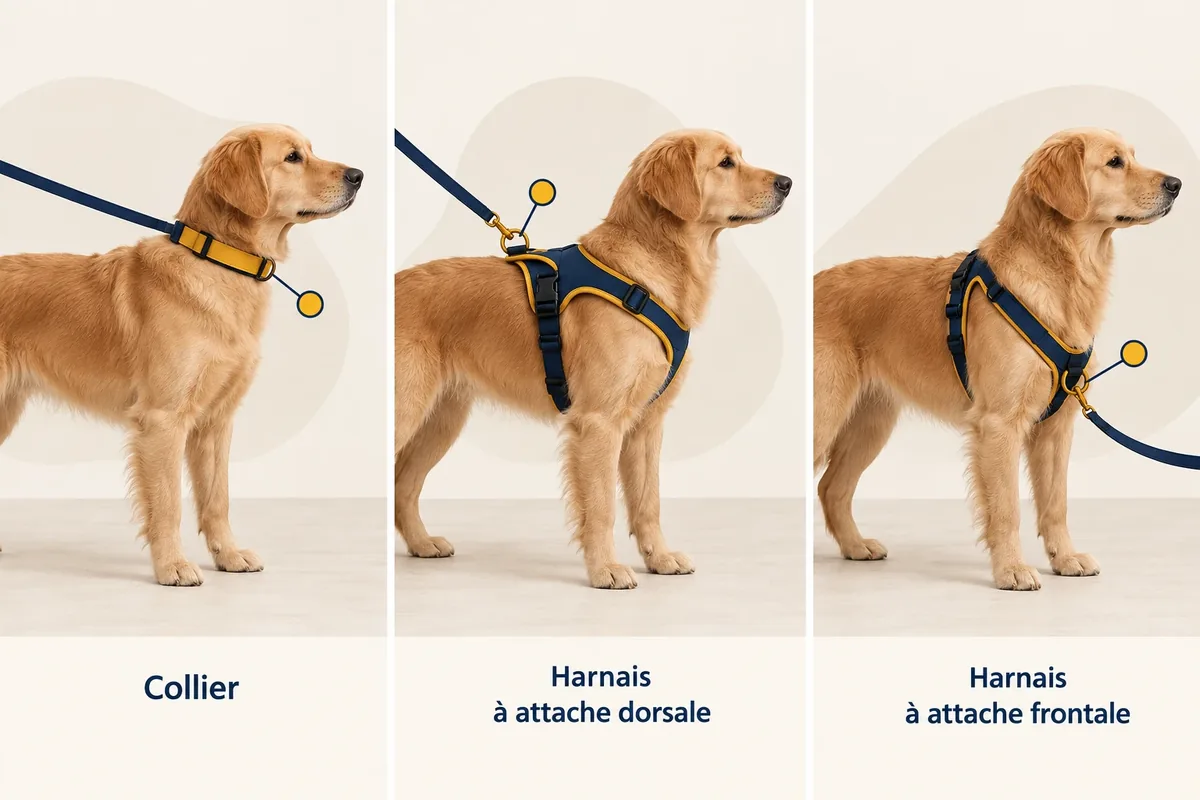 Schéma comparant les points de contact du collier et des deux types de harnais